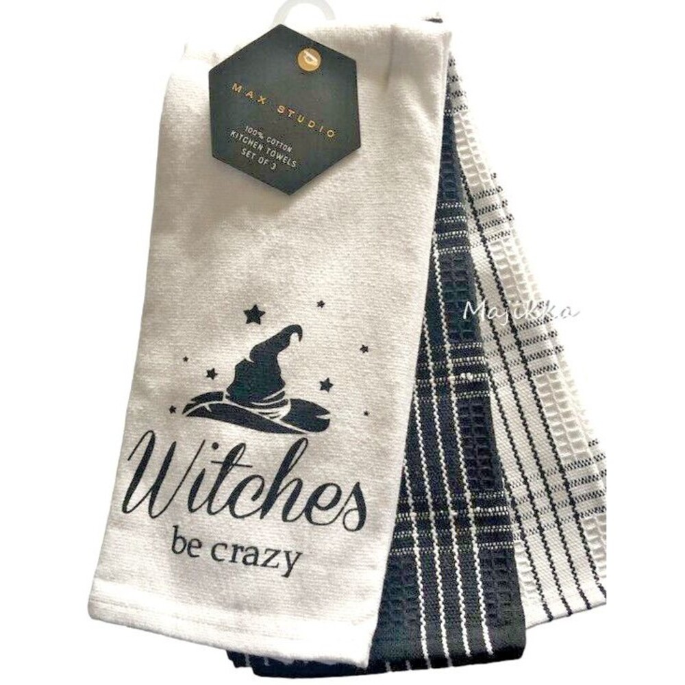 Max Studio Halloween Kitchen Dish Towels Witches Be Crazy Black White Set Of 3